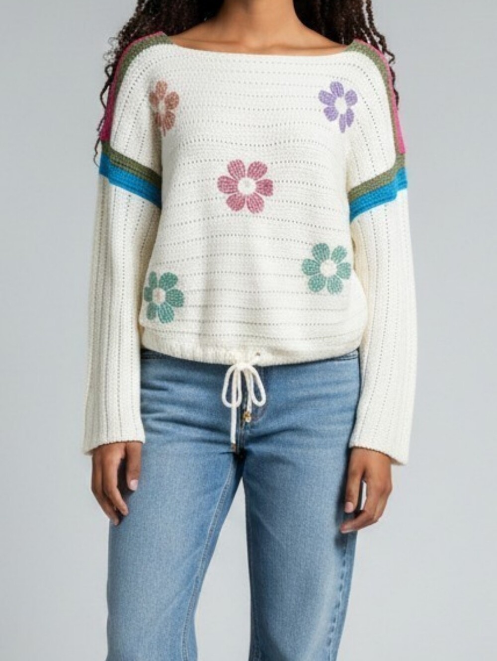 Women’s Cream Floral Drawstring Sweater Colorblock Knit Size S